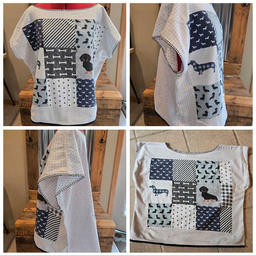 Patchwork Dachshund Top in Navy & Light Blue